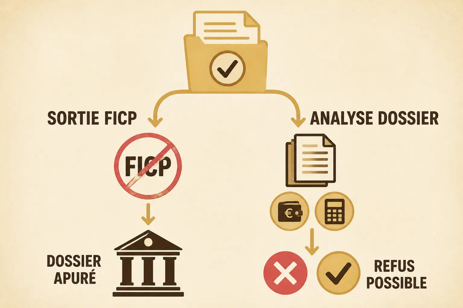 Plus fiché banque france mais refus crédit : schéma FICP défiché, dossier analysé, refus possible ou accord selon solvabilité.