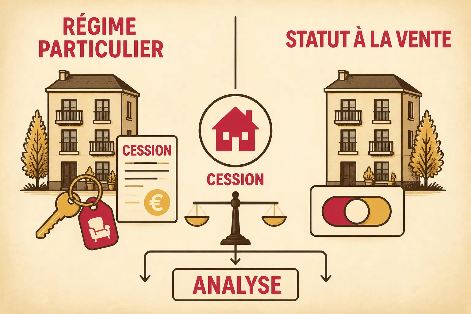 Infographie sur la plus value lmnp : immeuble meublé, clé et document fiscal, statut à la vente, cession et analyse.