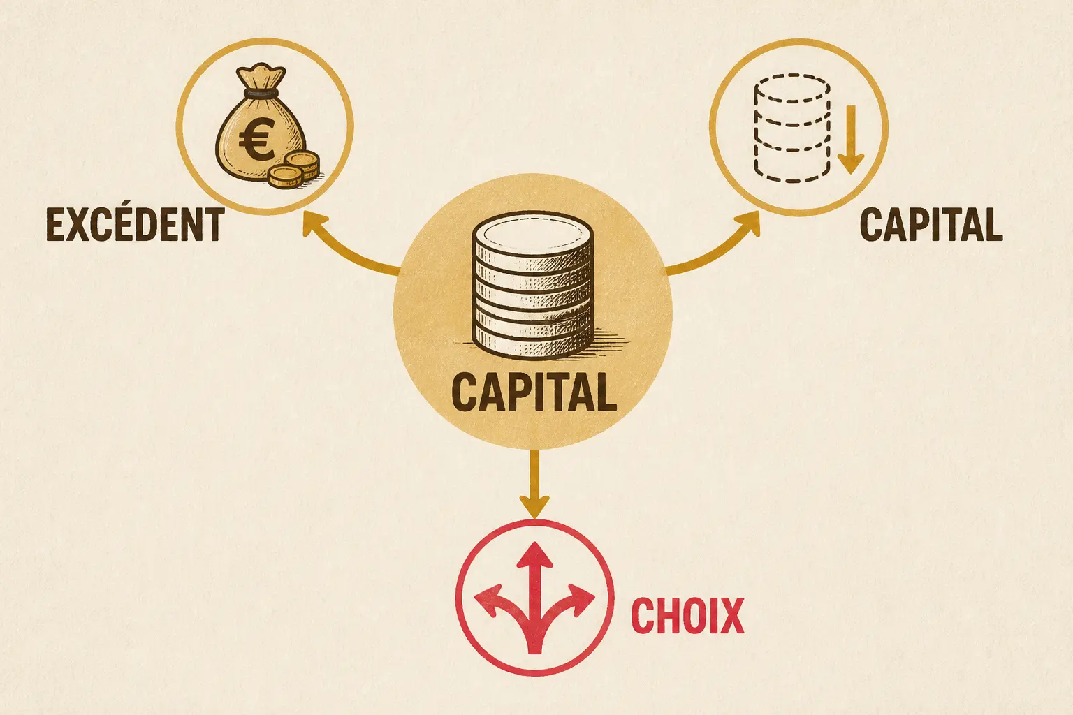 Schéma éditorial de réduction de capital non motivée par des pertes, avec capital central, excédent et choix du mécanisme.