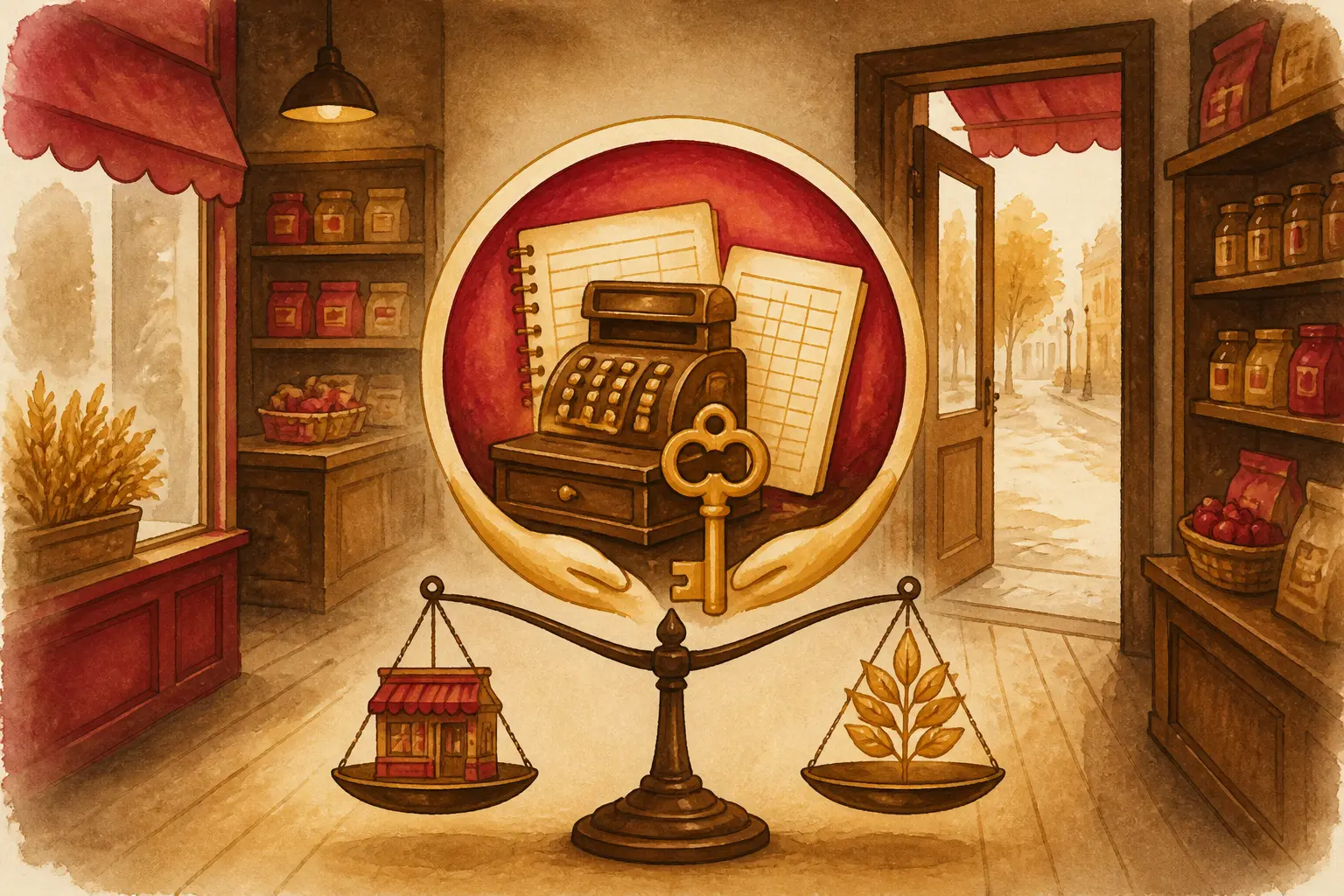Illustration du renouvellement du bail commercial : cœur d’activité protégé dans une boutique, avec balance discrète.