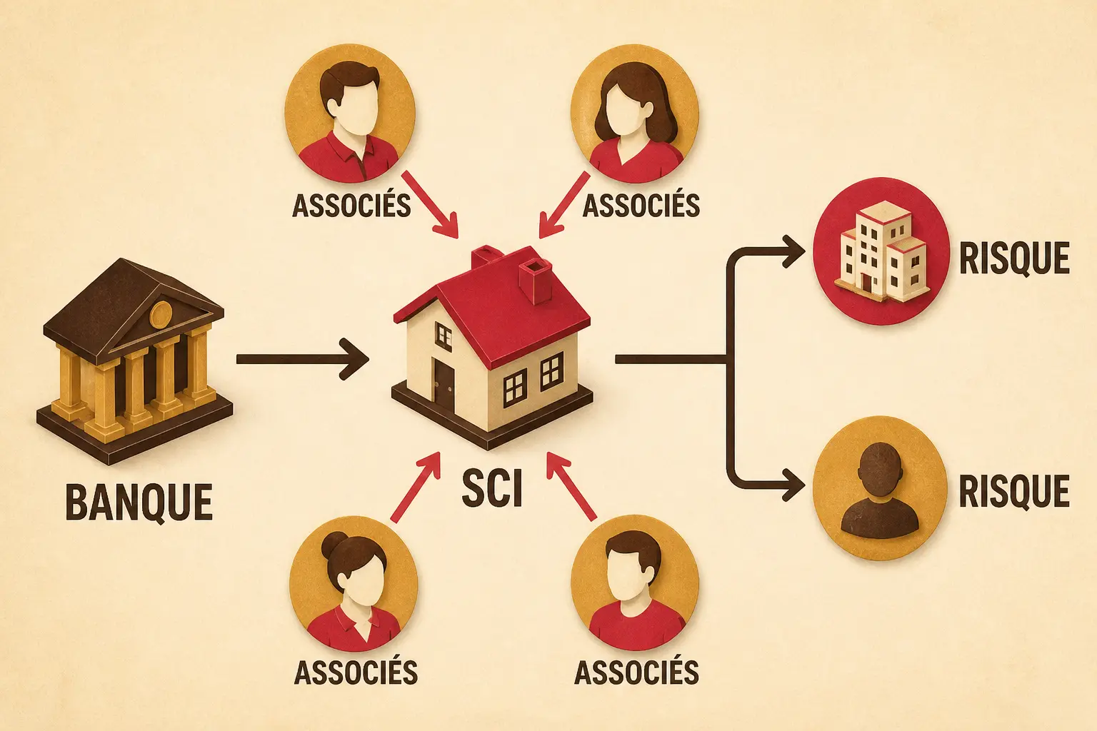 Schéma sci familiale emprunt : SCI centrale, banque et associés reliés, avec risques de prêt pour la société et les proches.