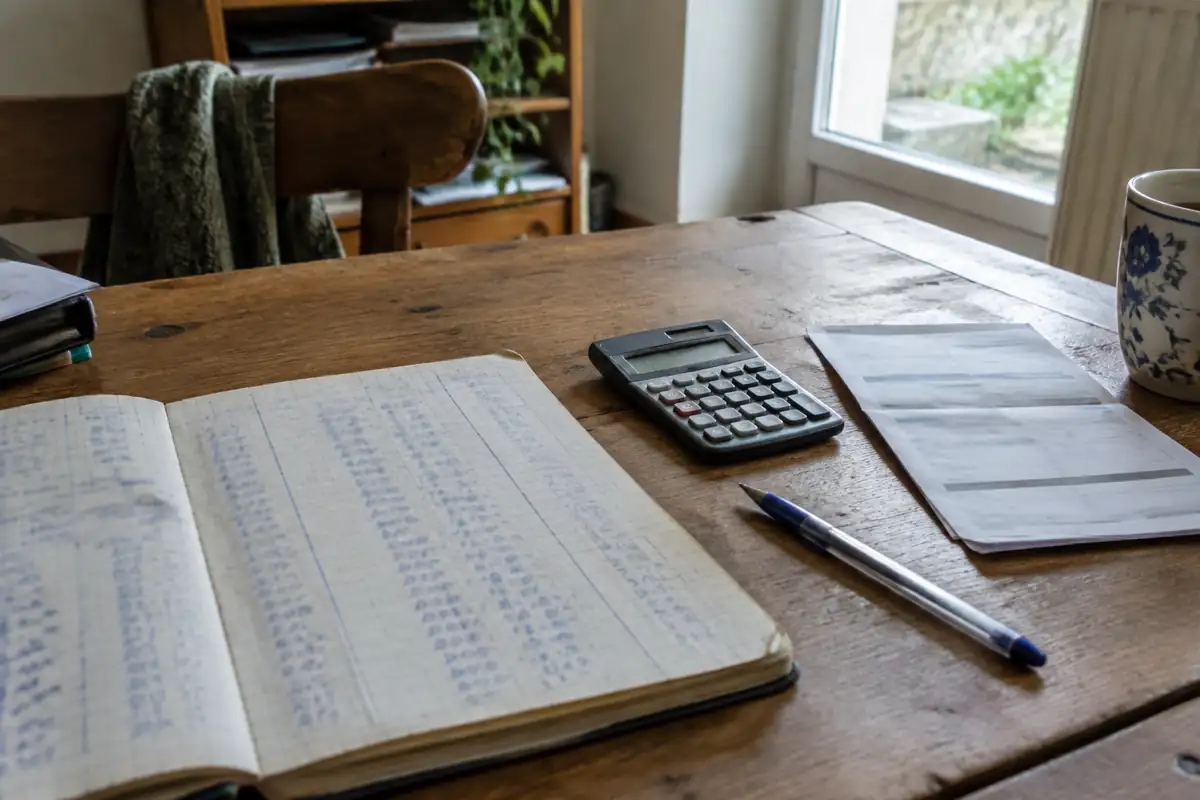 Carnet manuscrit, calculatrice et formulaire papier sur une table, pendant un calcul de frais