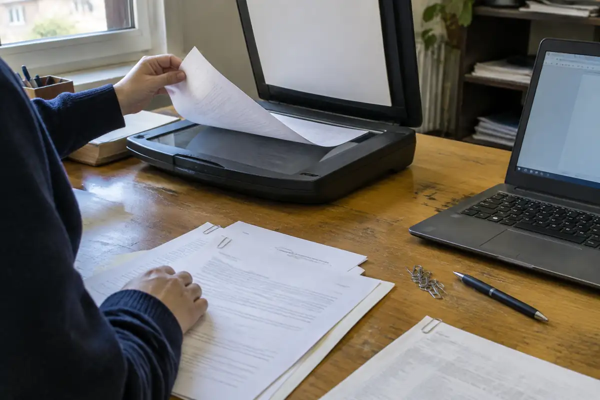 Pièces justificatives d'un dossier posées près d'un scanner à plat, une main place une feuille sur la vitre