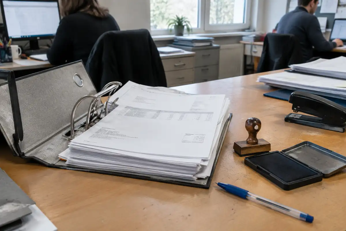 Classeur de factures fournisseurs ouvert sur un bureau, à côté d'un tampon encreur et d'un stylo