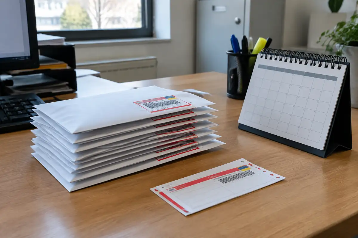 Lettres recommandées prêtes à partir à côté d'un calendrier de bureau