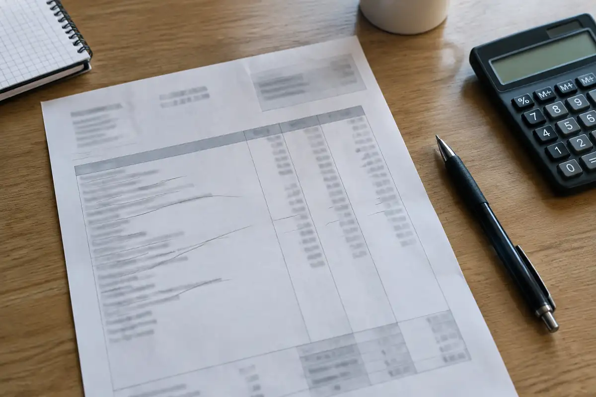 Bulletin de paie imprimé posé sur un bureau à côté d'un stylo et d'une calculatrice