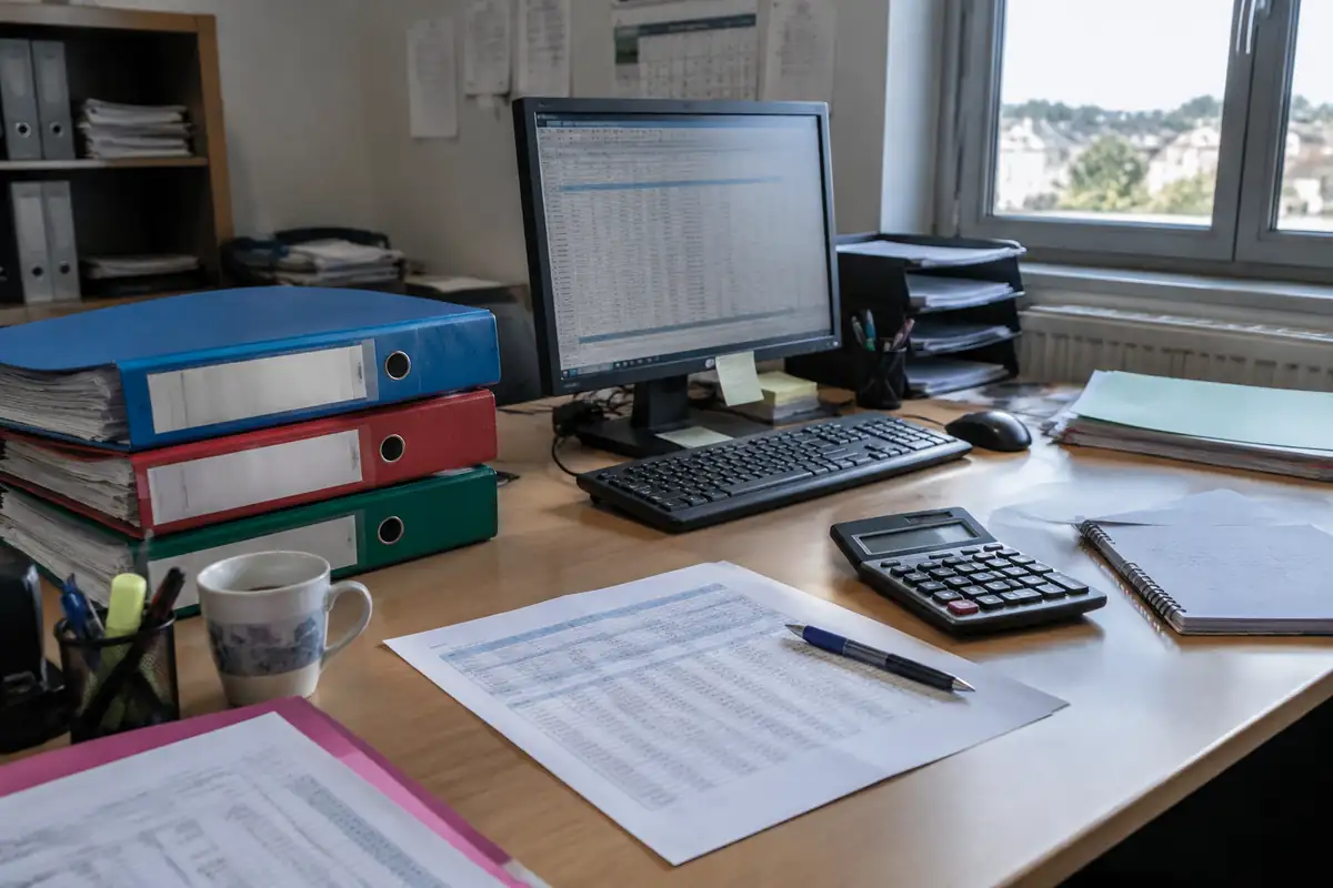 Bureau de cabinet comptable avec classeurs, calculatrice et écran de tableur