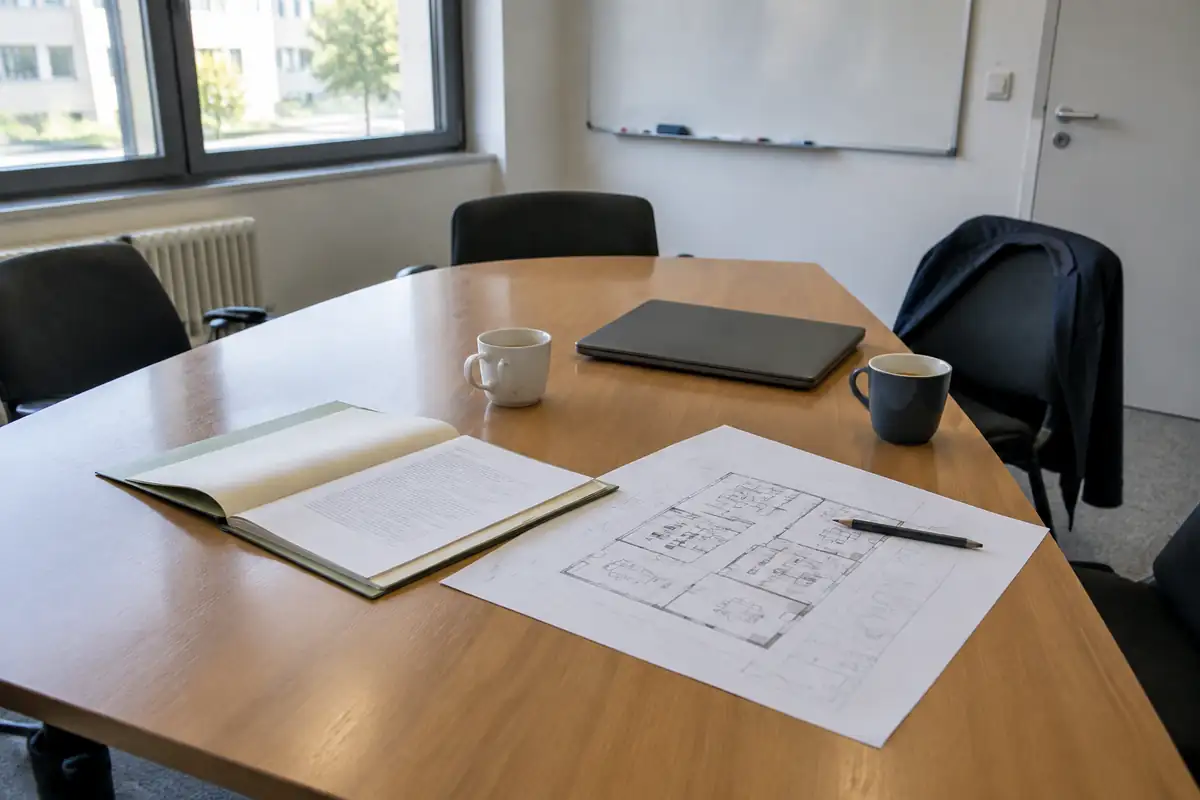 Table de salle de réunion avec un dossier ouvert et un plan de bureaux annoté