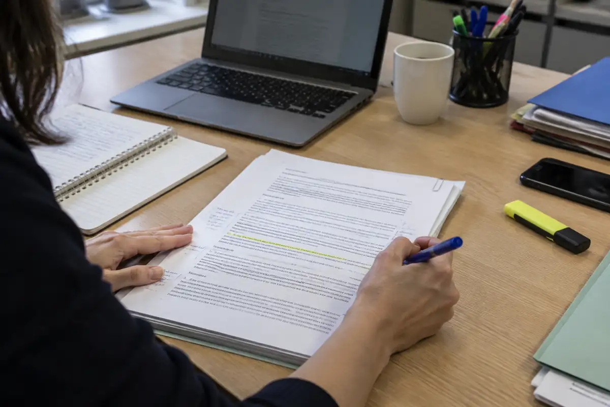 Document imprimé annoté au stylo sur un bureau
