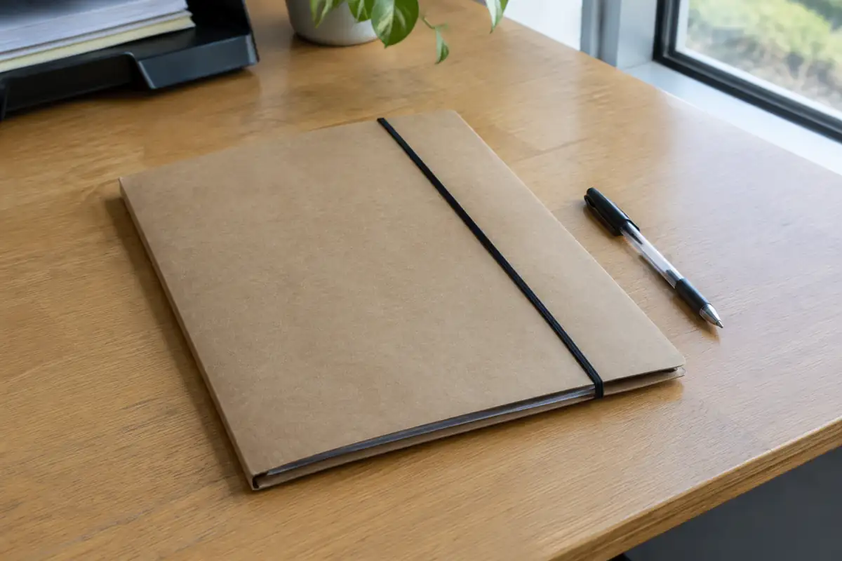 Dossier cartonné fermé par un élastique posé sur un bureau à côté d'un stylo