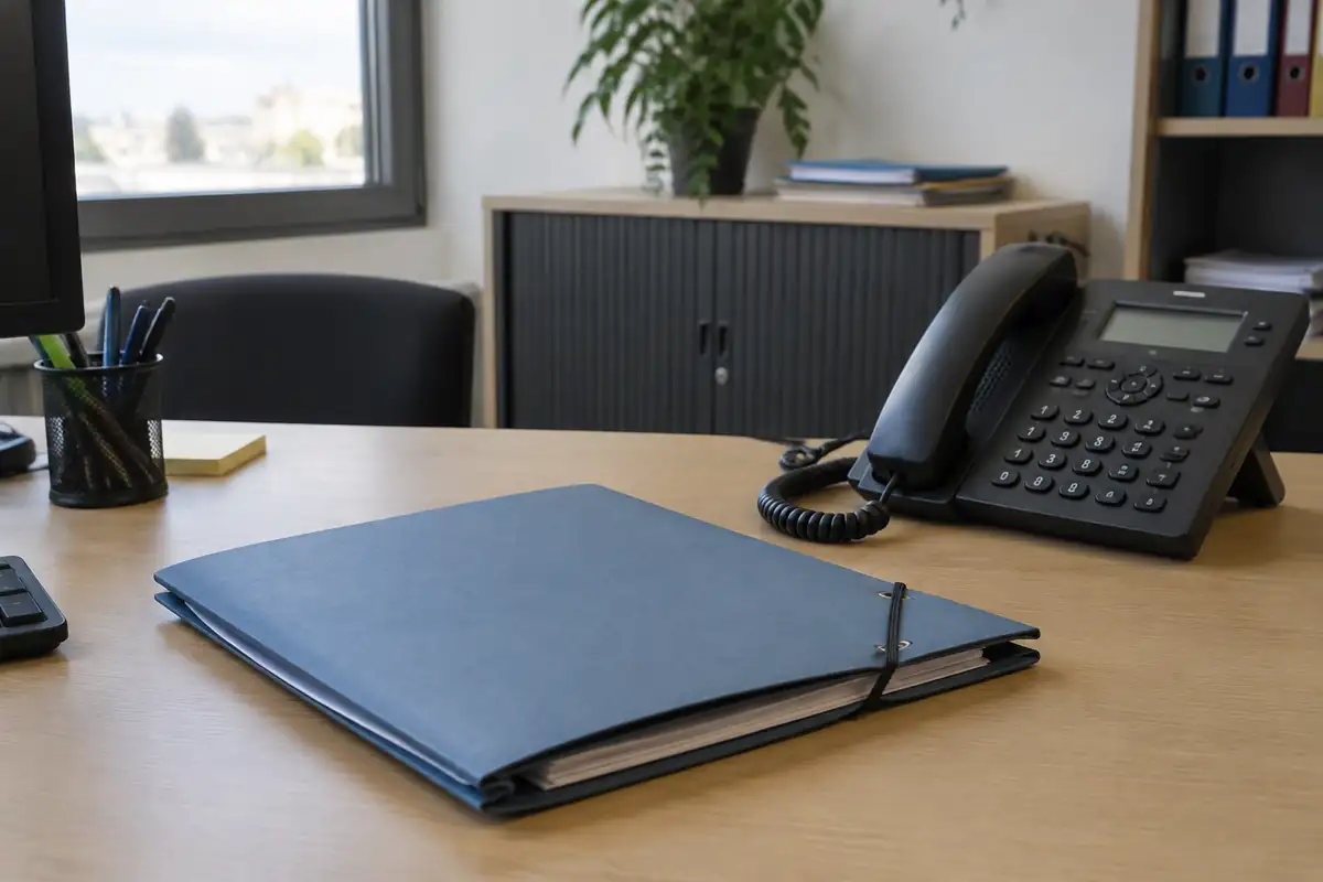 Dossier fermé et téléphone de bureau sur un bureau