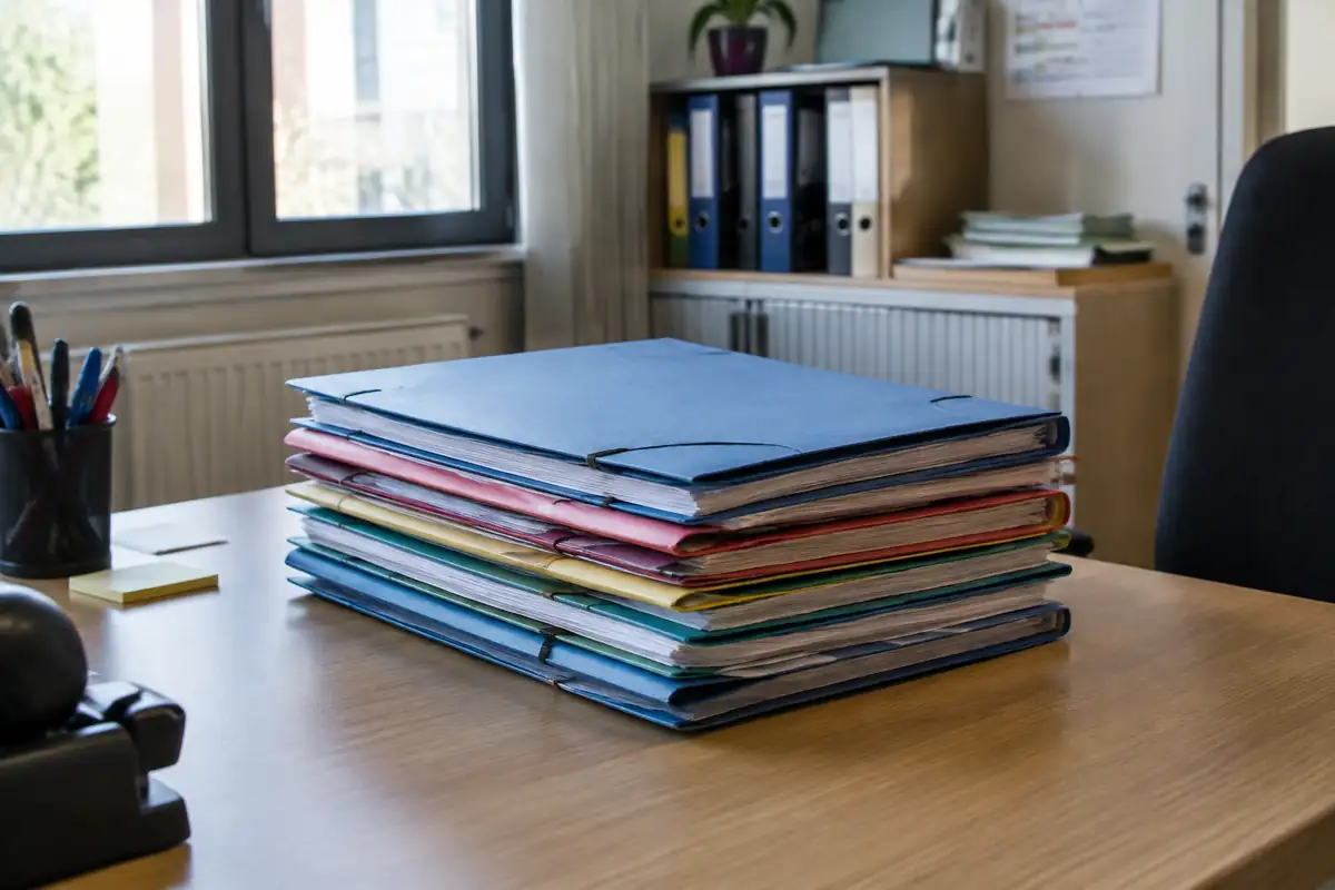 Pile de dossiers papier fermés sur un bureau
