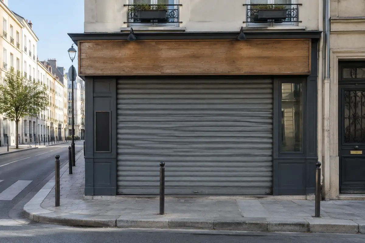Façade d'une petite boutique avec un bandeau en bois vierge au-dessus d'un rideau métallique baissé