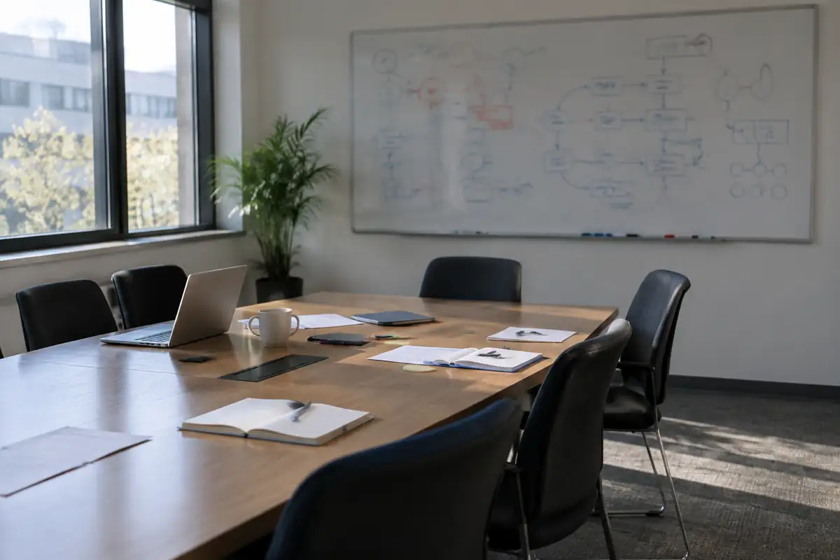 Salle de réunion avec un tableau blanc couvert de schémas
