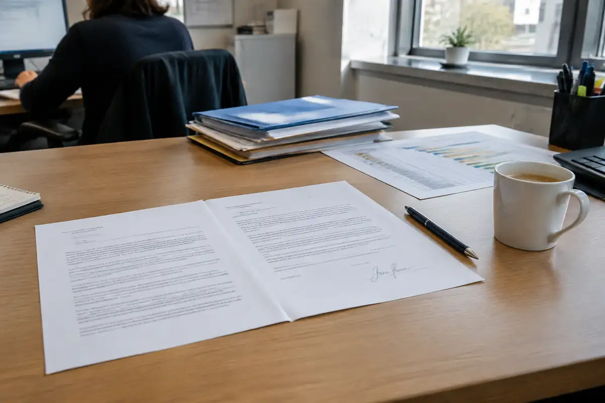 Lettre de deux pages et stylo sur un bureau, à côté d'un planning de projet