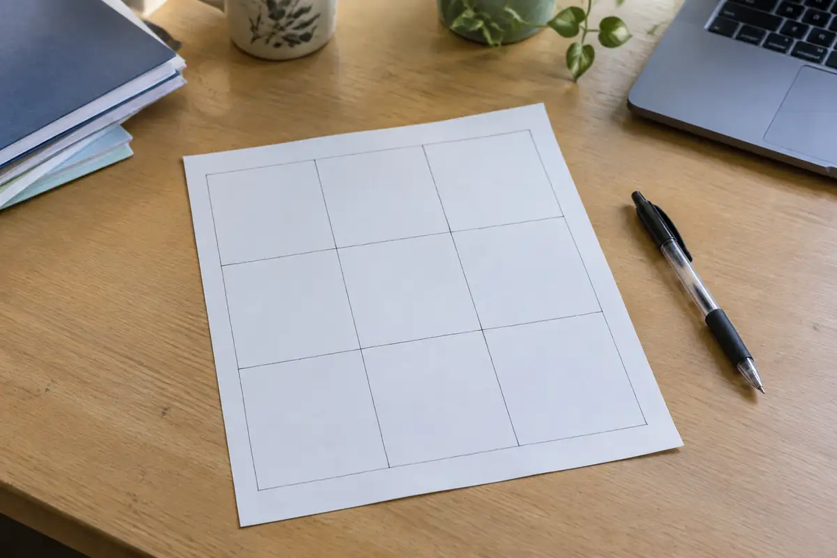 Feuille divisée en neuf cases dessinées à la main, posée sur un bureau