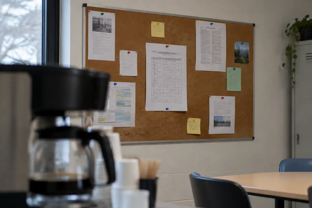 Note d'information punaisée sur le panneau d'affichage d'une salle de pause