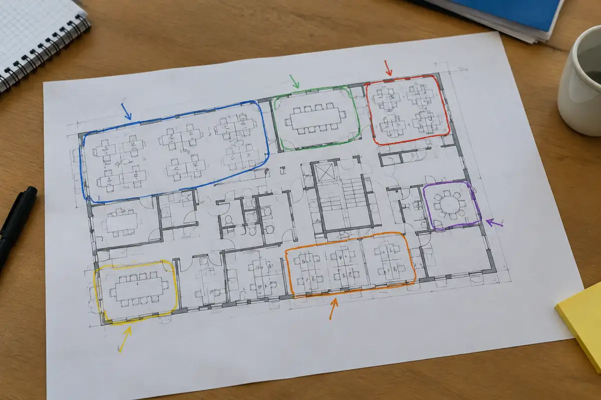 Plan d'étage d'une entreprise avec des zones entourées au crayon