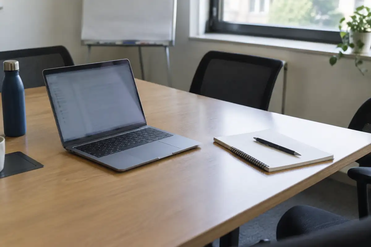 Ordinateur portable ouvert et carnet avec un stylo sur une table de réunion