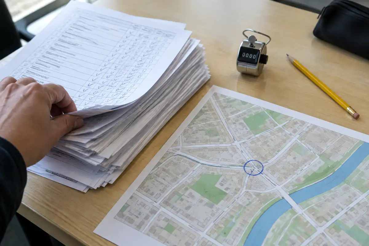 Questionnaires remplis et carte d'une zone de chalandise sur une table