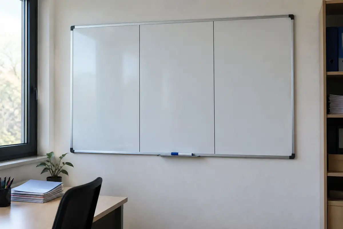 Tableau blanc divisé en trois colonnes vides avec un feutre sur le rebord